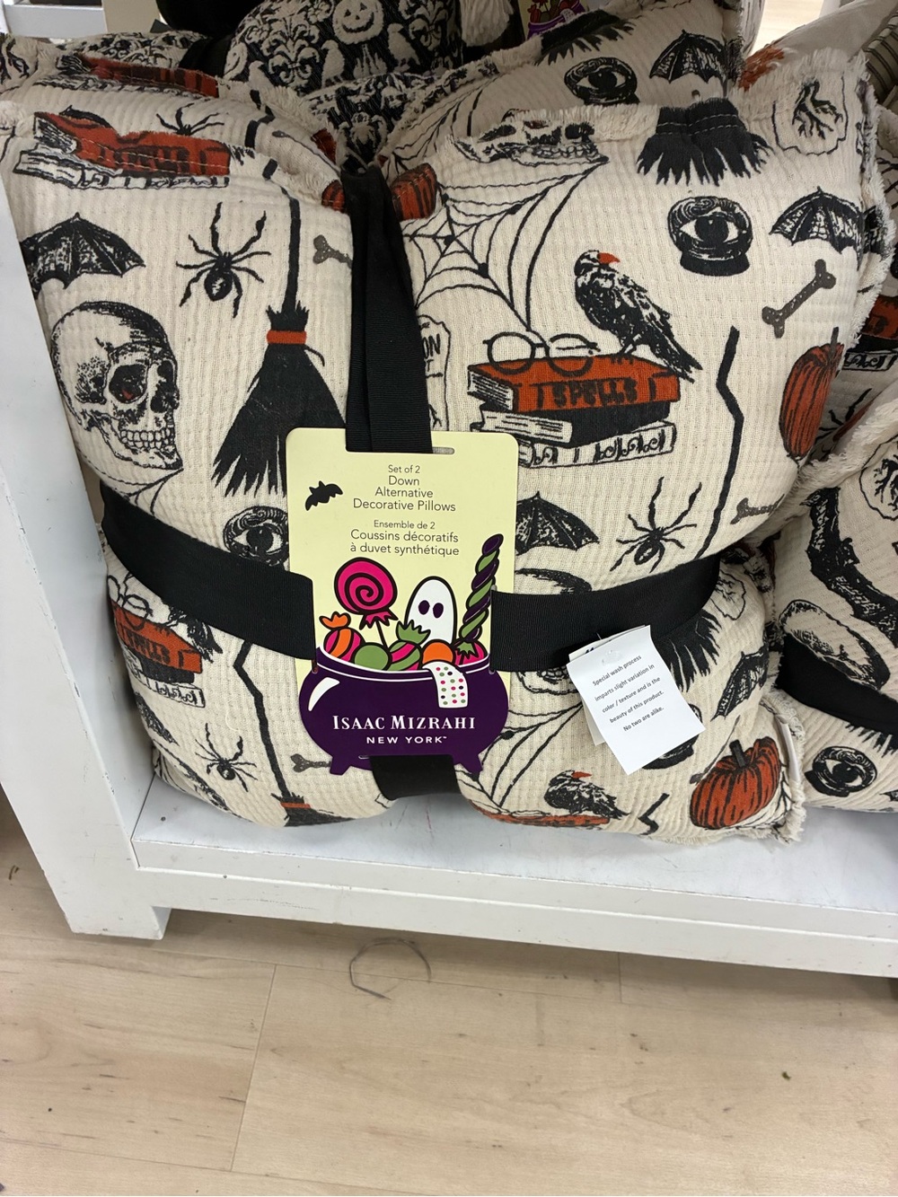 Isaac Mizrahi Cream Halloween Accent Pillow with Black and Orange Motifs